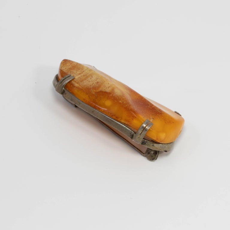 Petrified Orange Tree Resin Stone Pin Brooch in Silver, Vintage Early 1900s