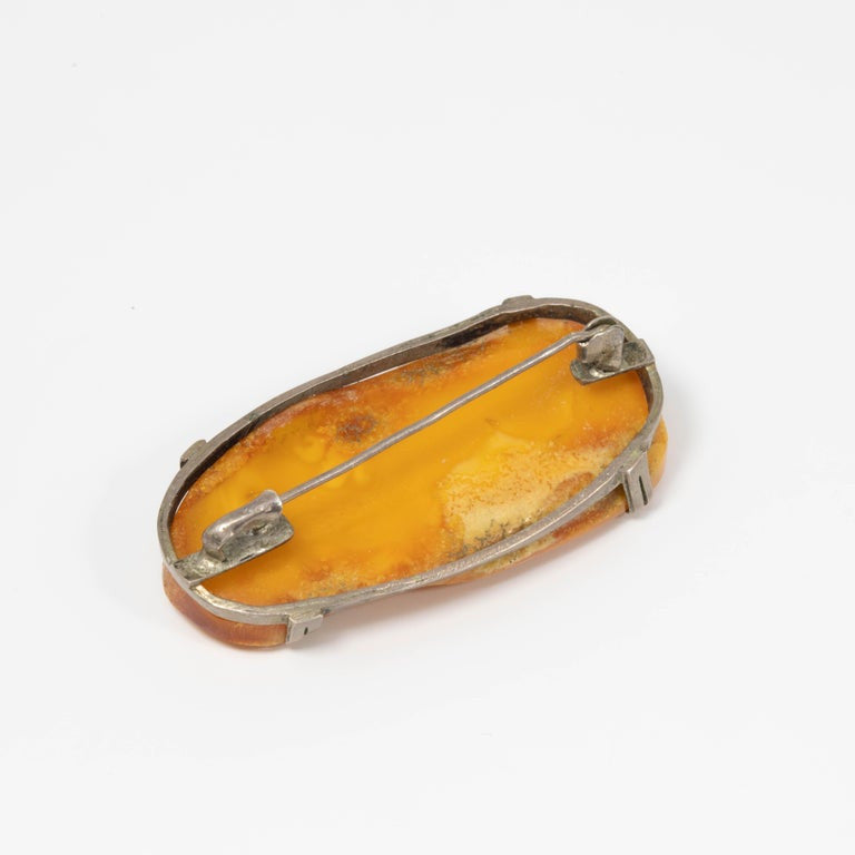 Petrified Orange Tree Resin Stone Pin Brooch in Silver, Vintage Early 1900s