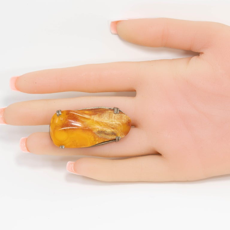 Petrified Orange Tree Resin Stone Pin Brooch in Silver, Vintage Early 1900s