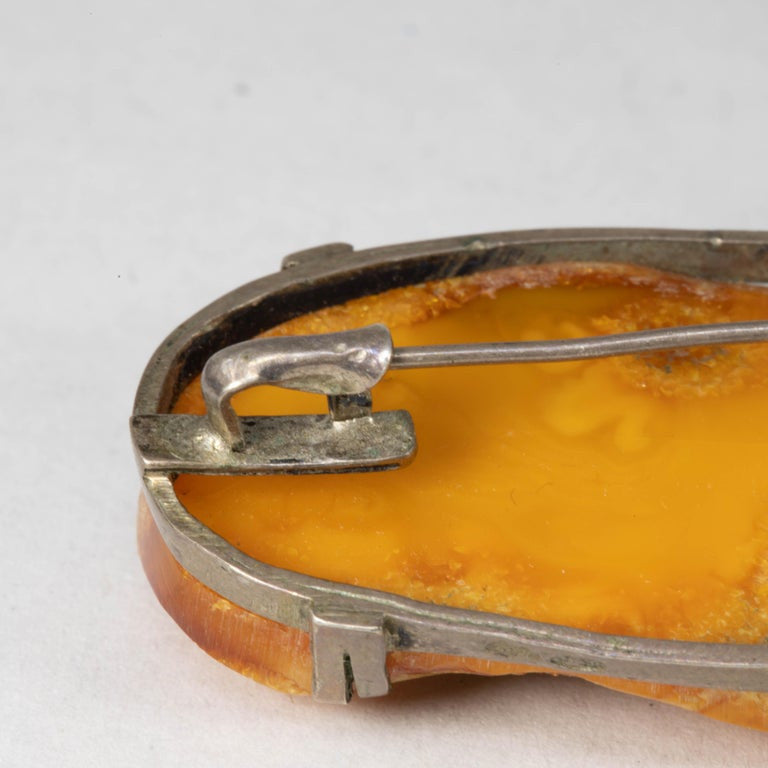 Petrified Orange Tree Resin Stone Pin Brooch in Silver, Vintage Early 1900s