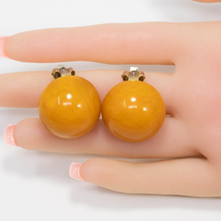 Amber Butterscotch Yellow Bakelite Button Brass-tone Clip On Earrings