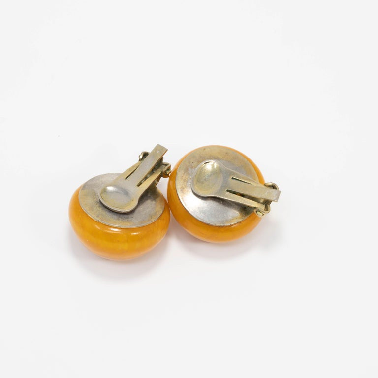 Amber Butterscotch Yellow Bakelite Button Brass-tone Clip On Earrings