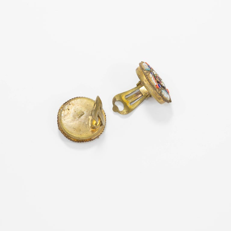 Italian Cloisonne Mosaic Clip On Button Earrings in Brass Tone, Early Mid 1900s