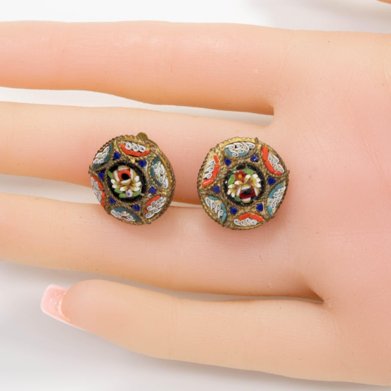 Italian Cloisonne Mosaic Clip On Button Earrings in Brass Tone, Early Mid 1900s