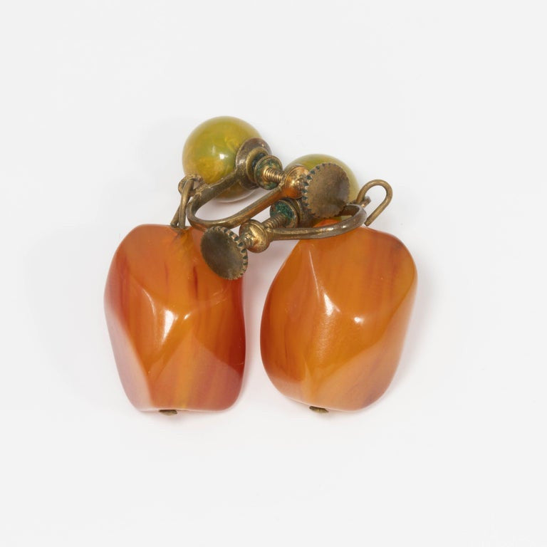 Apple Green and Amber Orange Bakelite Earrings, Vintage Brasstone Screw Back