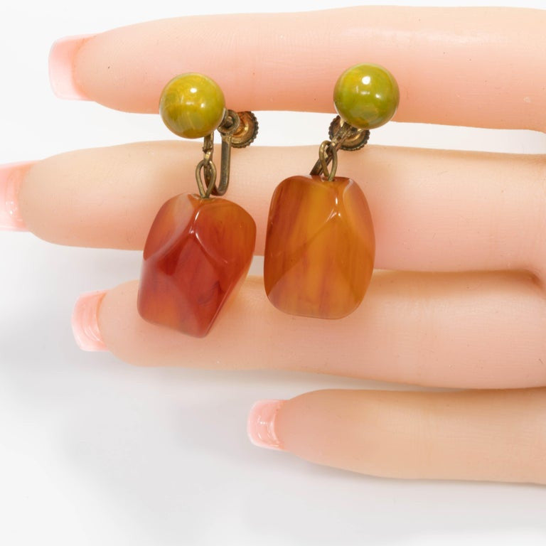 Apple Green and Amber Orange Bakelite Earrings, Vintage Brasstone Screw Back