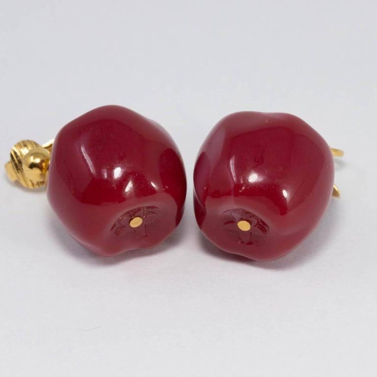 Candy Apple Red Bakelite Dangle Earrings, Gold Clip On, Mid 1900s