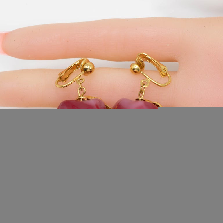 Candy Apple Red Bakelite Dangle Earrings, Gold Clip On, Mid 1900s