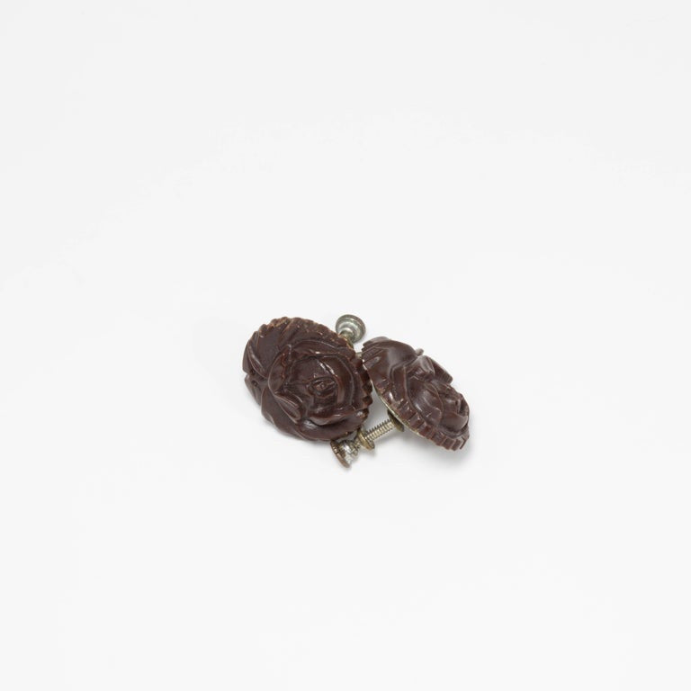 Carved Bakelite Rose Earrings in Dark Brown, Silver Tone Screwback Closure