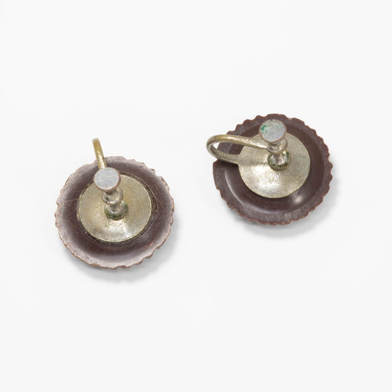 Carved Bakelite Rose Earrings in Dark Brown, Silver Tone Screwback Closure