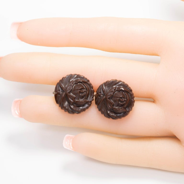 Carved Bakelite Rose Earrings in Dark Brown, Silver Tone Screwback Closure