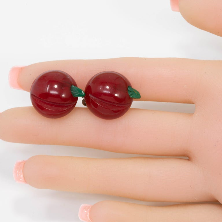Candy Apple Red and Green Apple Button Earrings, Vintage Screw Back in Silver