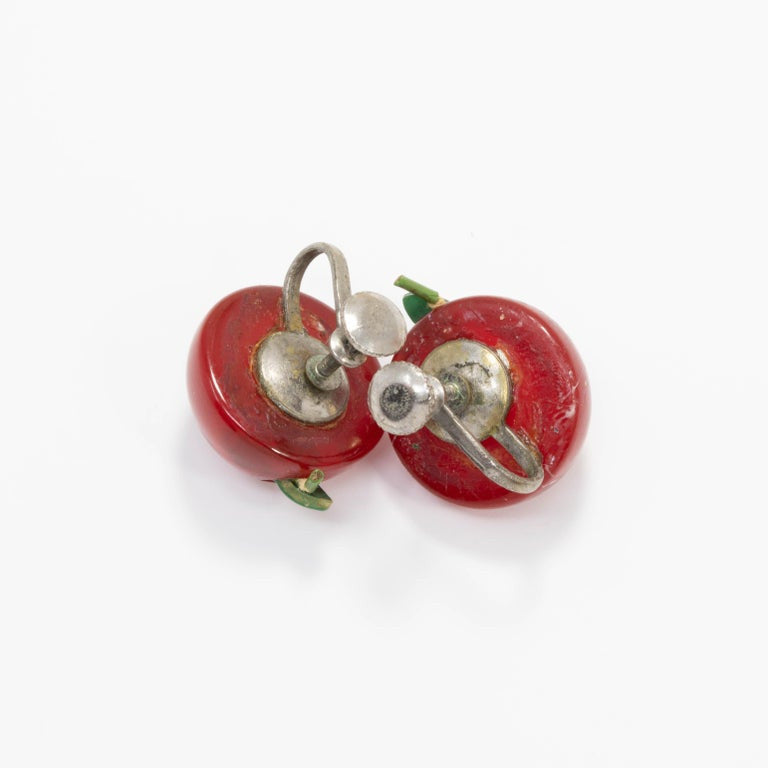 Candy Apple Red and Green Apple Button Earrings, Vintage Screw Back in Silver