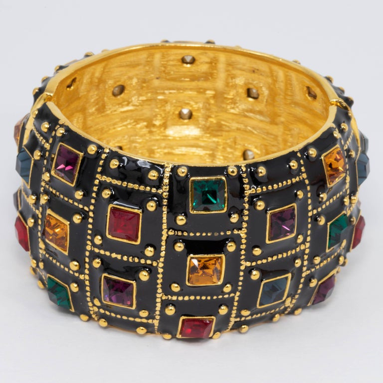 KJL Kenneth Jay Lane Jeweled Deco Bangle Bracelet, Black Enamel, Crystals, Gold