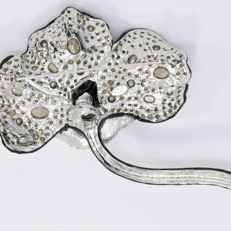 KJL Kenneth Jay Lane Long Stem Big Pave Crystal Flower Pin Brooch, Black Enamel