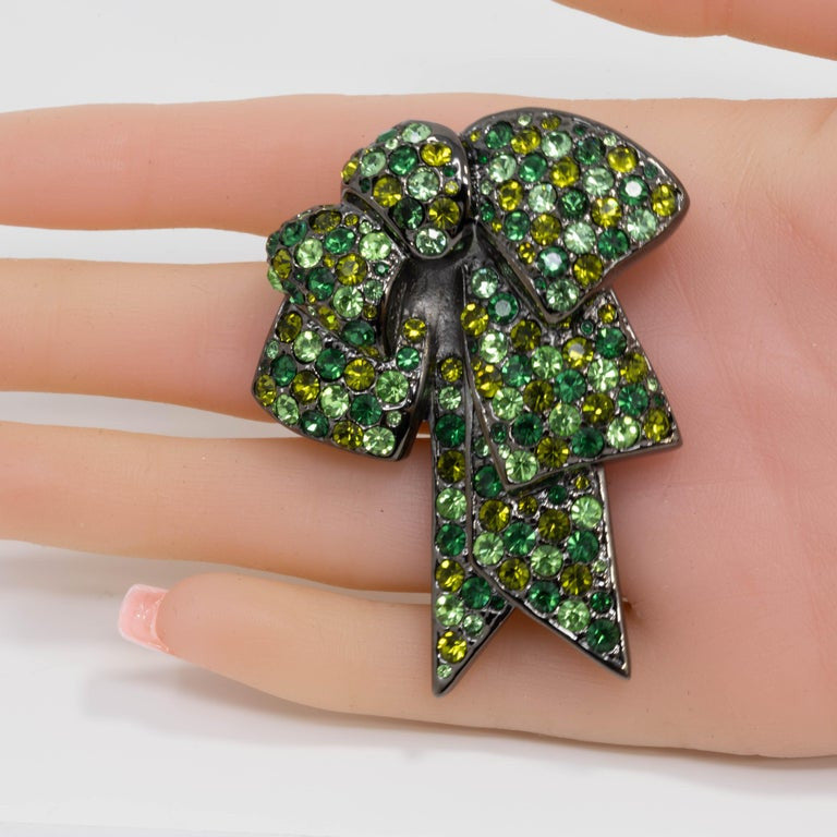 Nolan Miller Bow Pin Brooch Pave Peridot Olivine Emerald Crystal, Gray Gunmetal