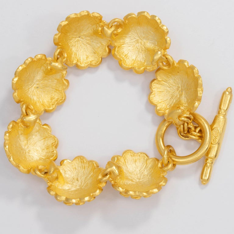 KJL Kenneth Jay Lane Satin Gold Flower Link Crystal Bracelet, Toggle Glasp