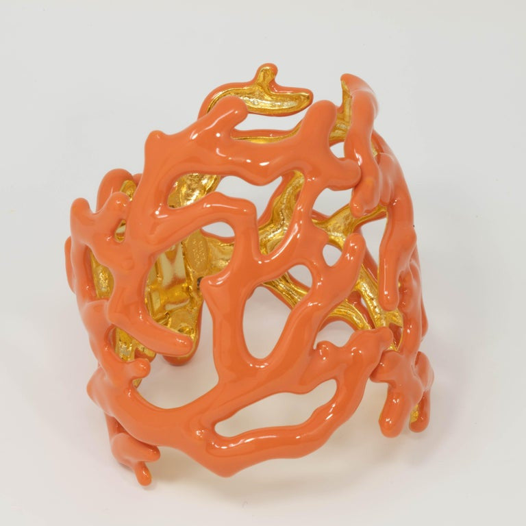 KJL Kenneth Jay Lane Coral Branch Enamel Soft Orange Cuff Bracelet in Gold