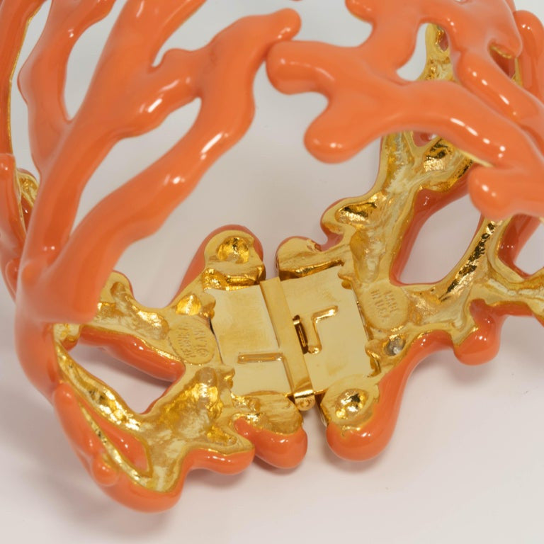 KJL Kenneth Jay Lane Coral Branch Enamel Soft Orange Cuff Bracelet in Gold