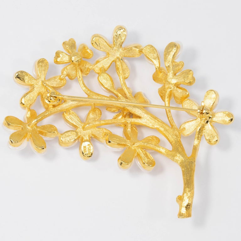 KJL Kenneth Jay Lane Golden Branch Pearl Flower Pin Brooch, Clear Crystals