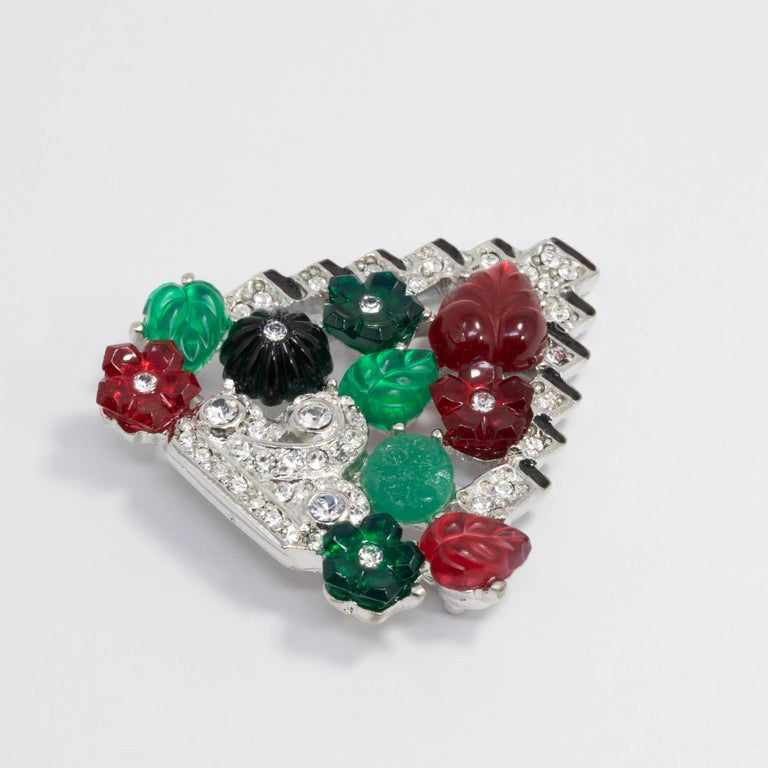 KJL Tutti Frutti Art Deco Fruit Pin Brooch with Clear Crystals, Rhodium Plated
