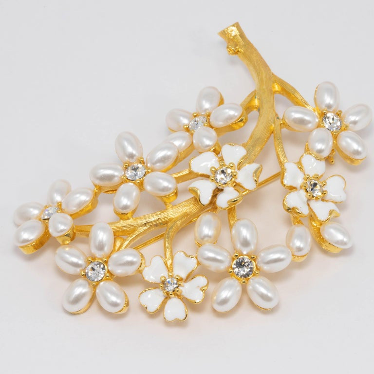 KJL Kenneth Jay Lane Golden Branch Pearl Flower Pin Brooch, Clear Crystals