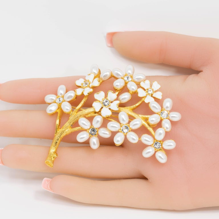KJL Kenneth Jay Lane Golden Branch Pearl Flower Pin Brooch, Clear Crystals