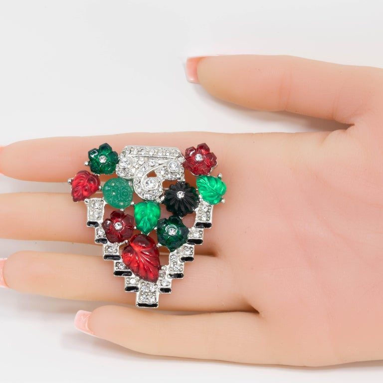 KJL Tutti Frutti Art Deco Fruit Pin Brooch with Clear Crystals, Rhodium Plated