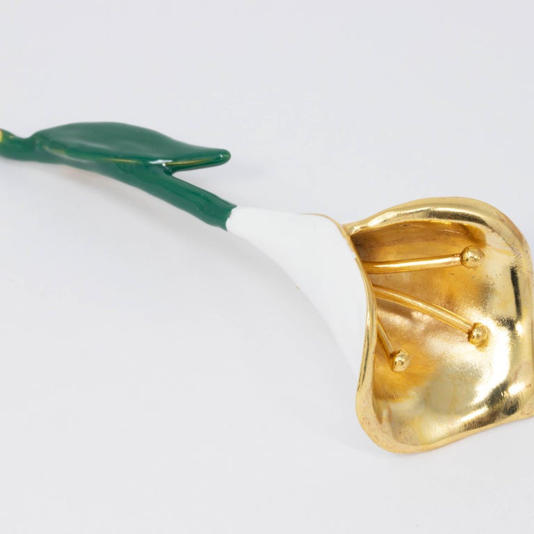 Oscar de la Renta Calla Lily in Green and White Enamel, Gold Plated Pin Brooch