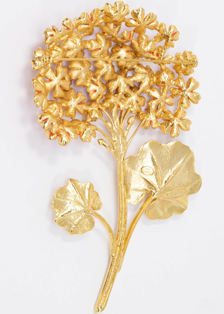 Oscar de la Renta Painted Cayenne Orange Geranium Bouquet Pin Brooch in Gold