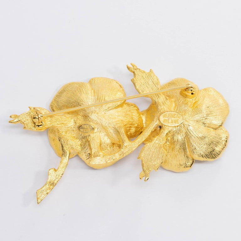 KJL Kenneth Jay Lane Green Crystal Stones Double Flower Pin in Gold