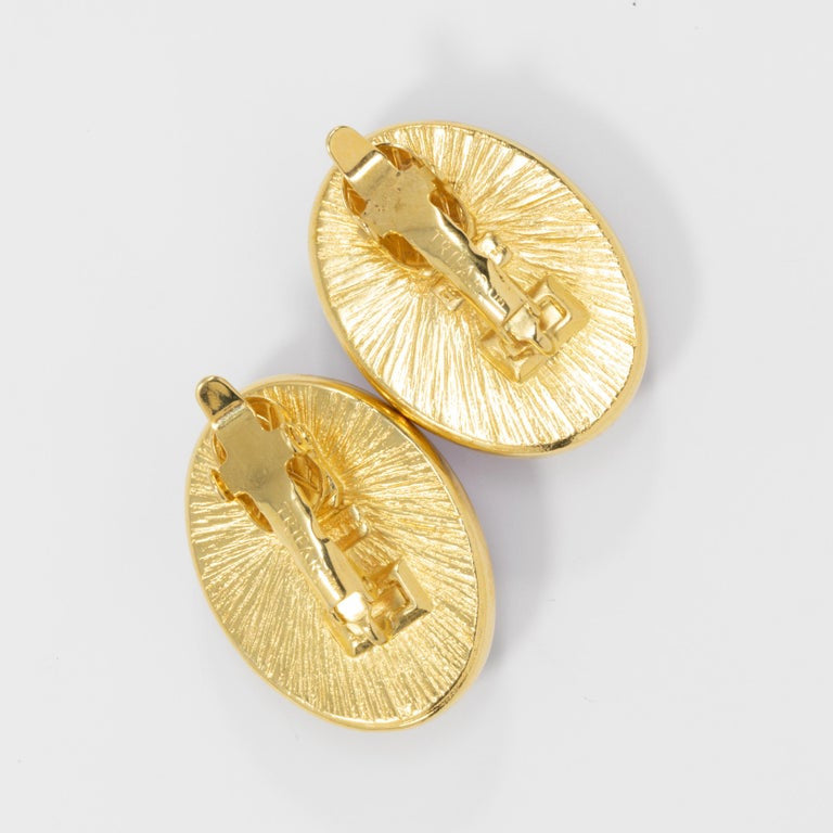 Trifari Golden Clip on Earrings with Moonglow Amethyst Cabochons, 1980s