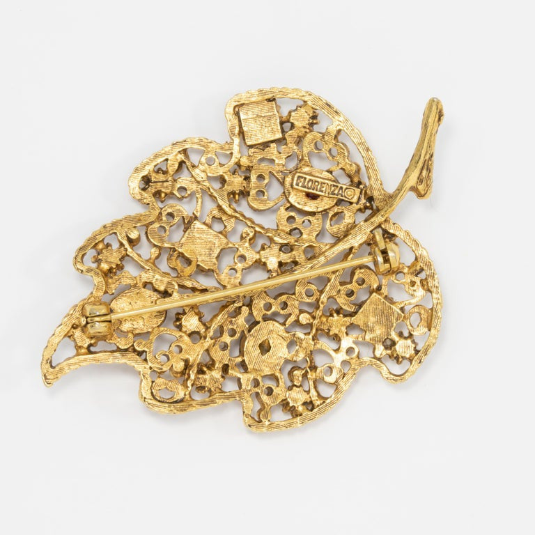 Florenza Ruby Crystal and Faux Pearl Filigree Leaf Pin Brooch in Gold
