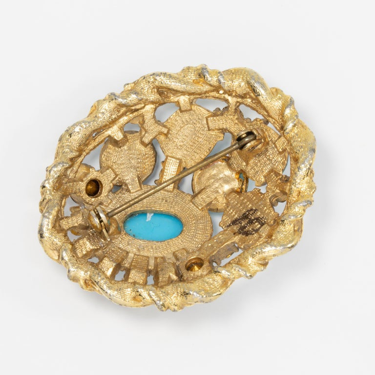 Sphinx Golden Turquoise Cabochon and Ruby Crystal Pin Brooch, Mid 1900s