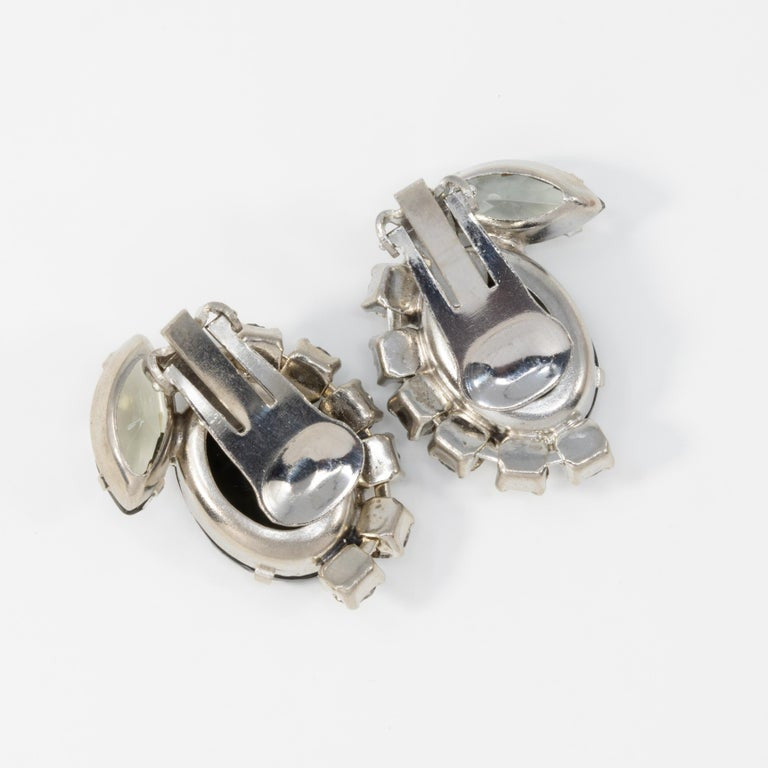 Juliana D&E Silver Clip On Fashion Earrings with Smoky Gray and Clear Crystal, Mid 1900s