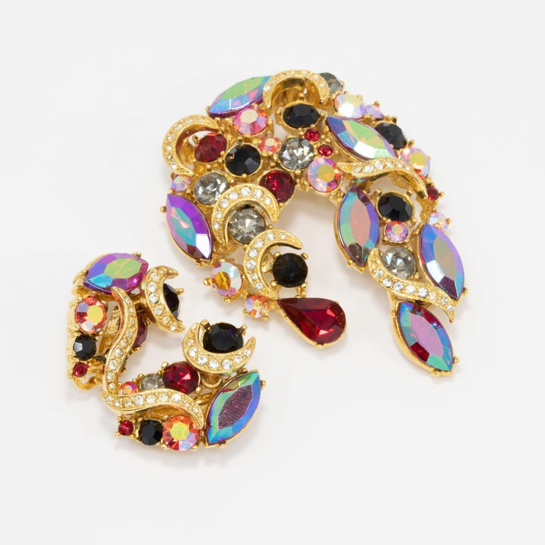 Sphinx Golden Siam Red Aurora Borealis Crystal Pin Brooch and Clip on Earrings