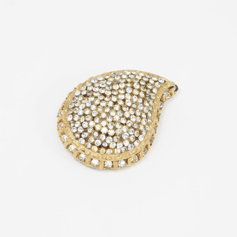 Capri Golden Paisley Pin Brooch with Clear Pave Crystals, 1960s
