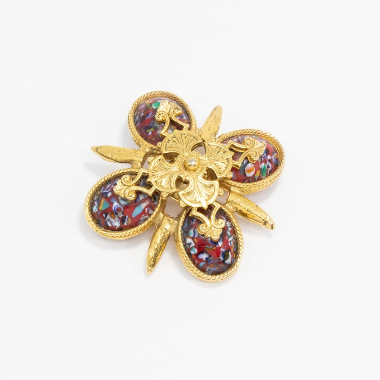 Sarah Coventry Gold Red Easter Cabochon Maltese Cross Pin Brooch, Late 1900s