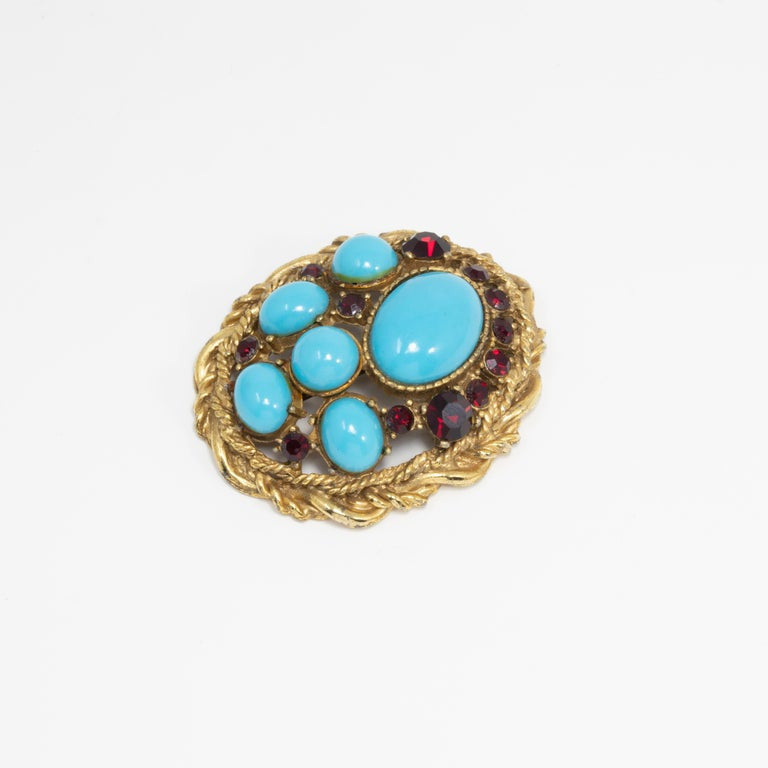 Sphinx Golden Turquoise Cabochon and Ruby Crystal Pin Brooch, Mid 1900s
