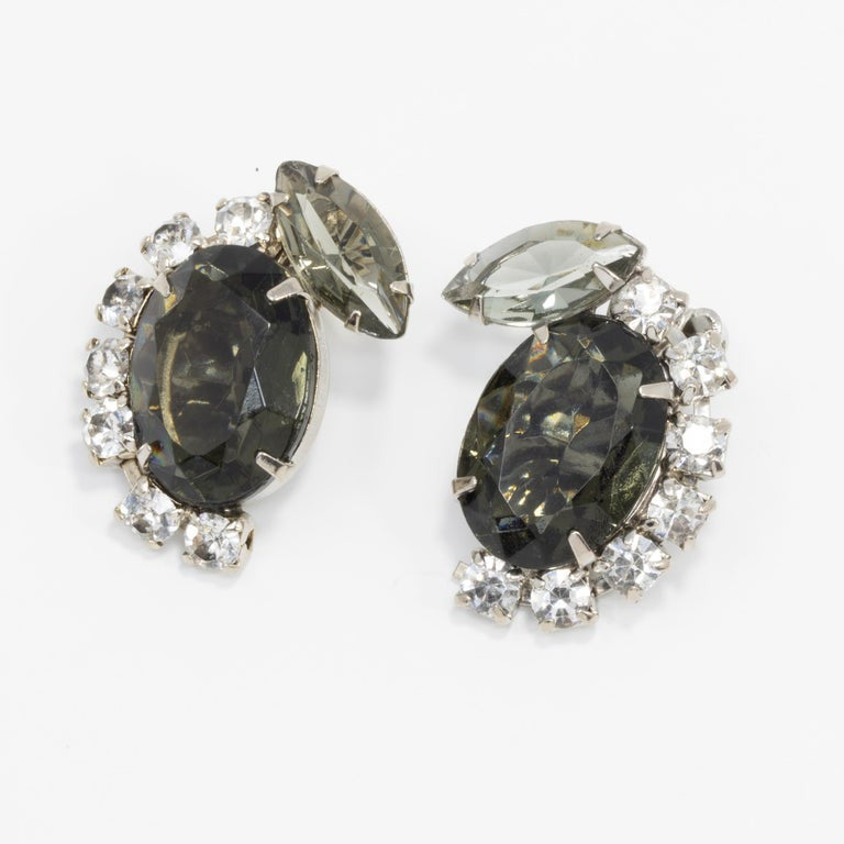 Juliana D&E Silver Clip On Fashion Earrings with Smoky Gray and Clear Crystal, Mid 1900s