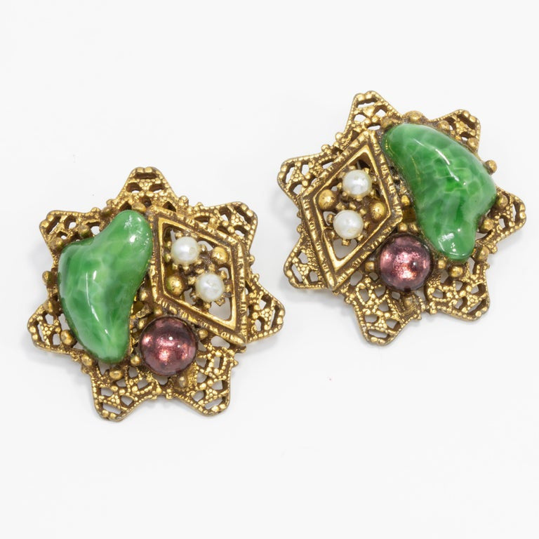 ART Arthur Pepper Retro Jade and Amethyst Faux Pearl Clip On Star Earrings