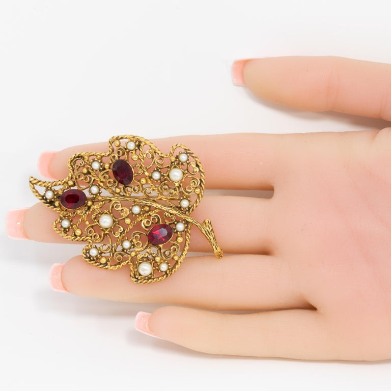 Florenza Ruby Crystal and Faux Pearl Filigree Leaf Pin Brooch in Gold
