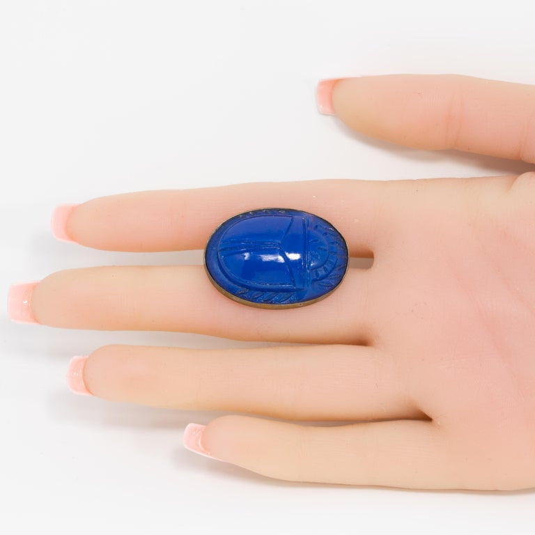 Lapis Lazuli Art Deco Carved Blue Scarab Cabochon Oval Bezel Pin Brooch