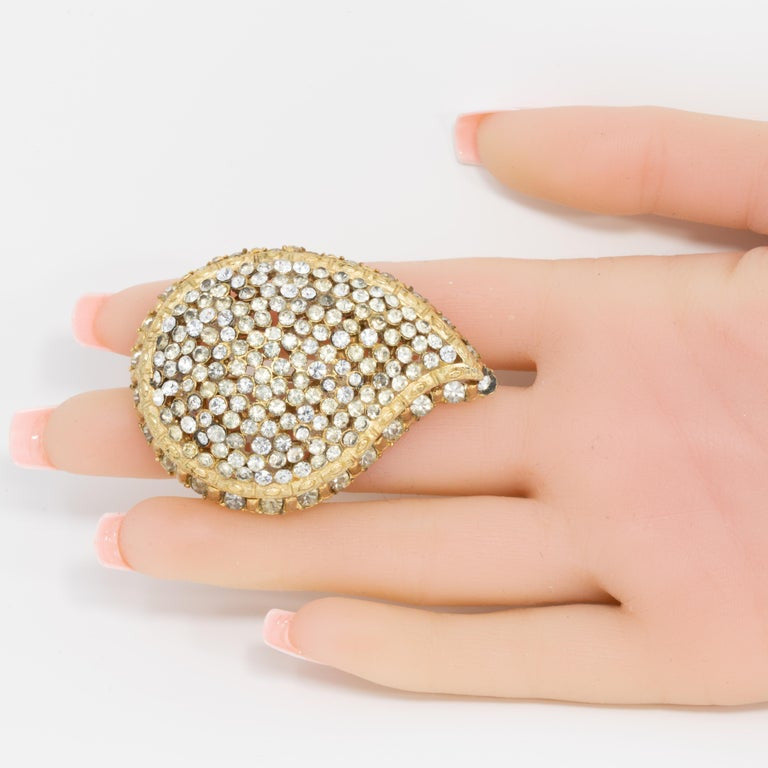 Capri Golden Paisley Pin Brooch with Clear Pave Crystals, 1960s