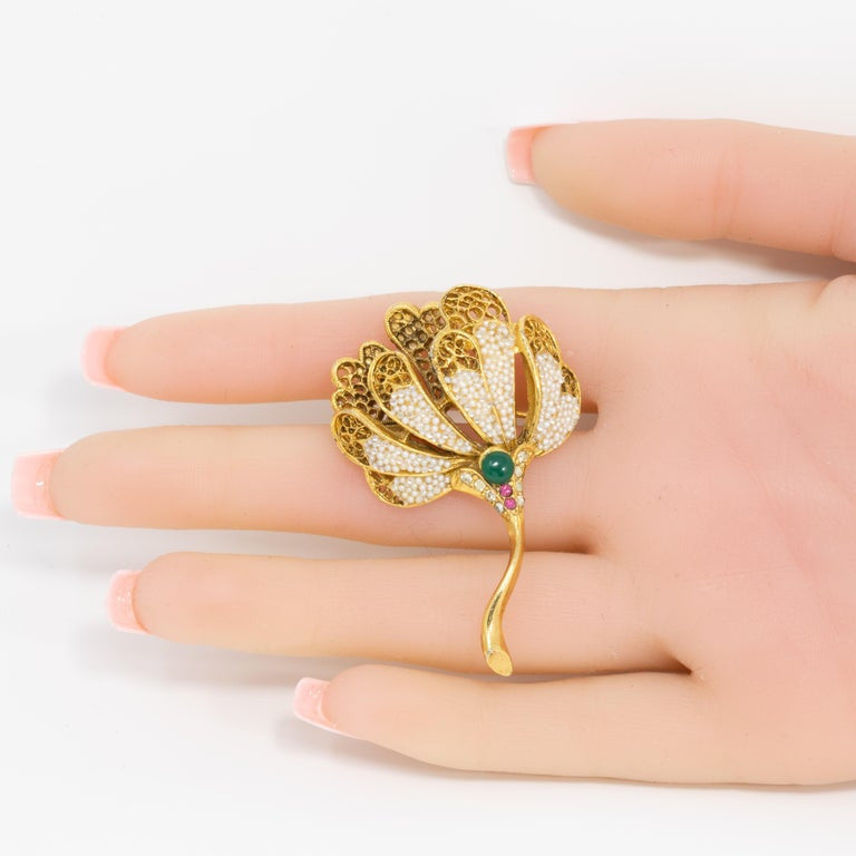 BSK Bead Encrusted Filigree Flower Pin with Emerald Cabochon and Rose Crystals