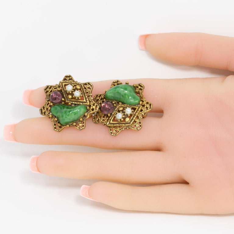 ART Arthur Pepper Retro Jade and Amethyst Faux Pearl Clip On Star Earrings