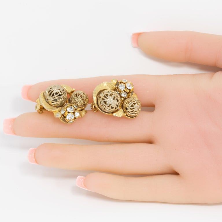 Gold and Pave Crystal Ball Chunky Retro Clip on Earrings, Mid 1900s