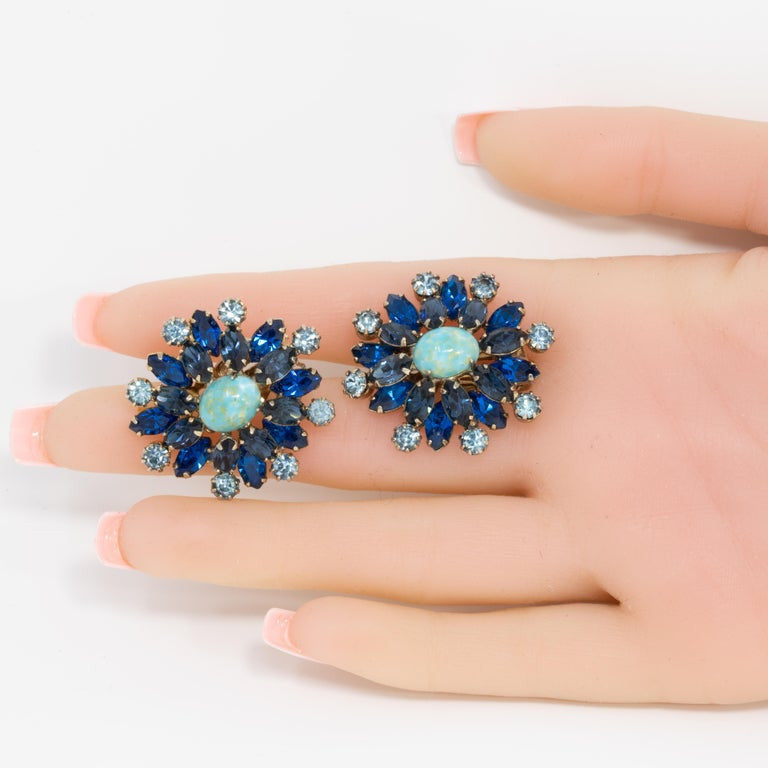 Easter Turquoise Cabochon, Sapphire, Aquamarine Crystal Clip on Earrings, 1900s