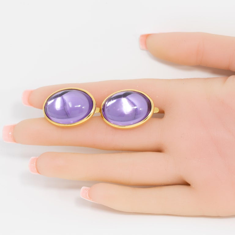 Trifari Golden Clip on Earrings with Moonglow Amethyst Cabochons, 1980s
