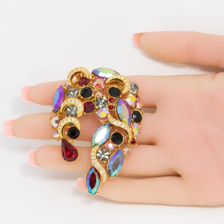Sphinx Golden Siam Red Aurora Borealis Crystal Pin Brooch and Clip on Earrings